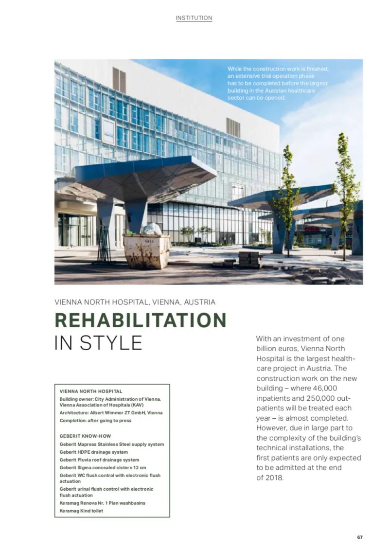 Mit Architekturfoto vom Krankenhaus Nord im Geberit Reference Magazine