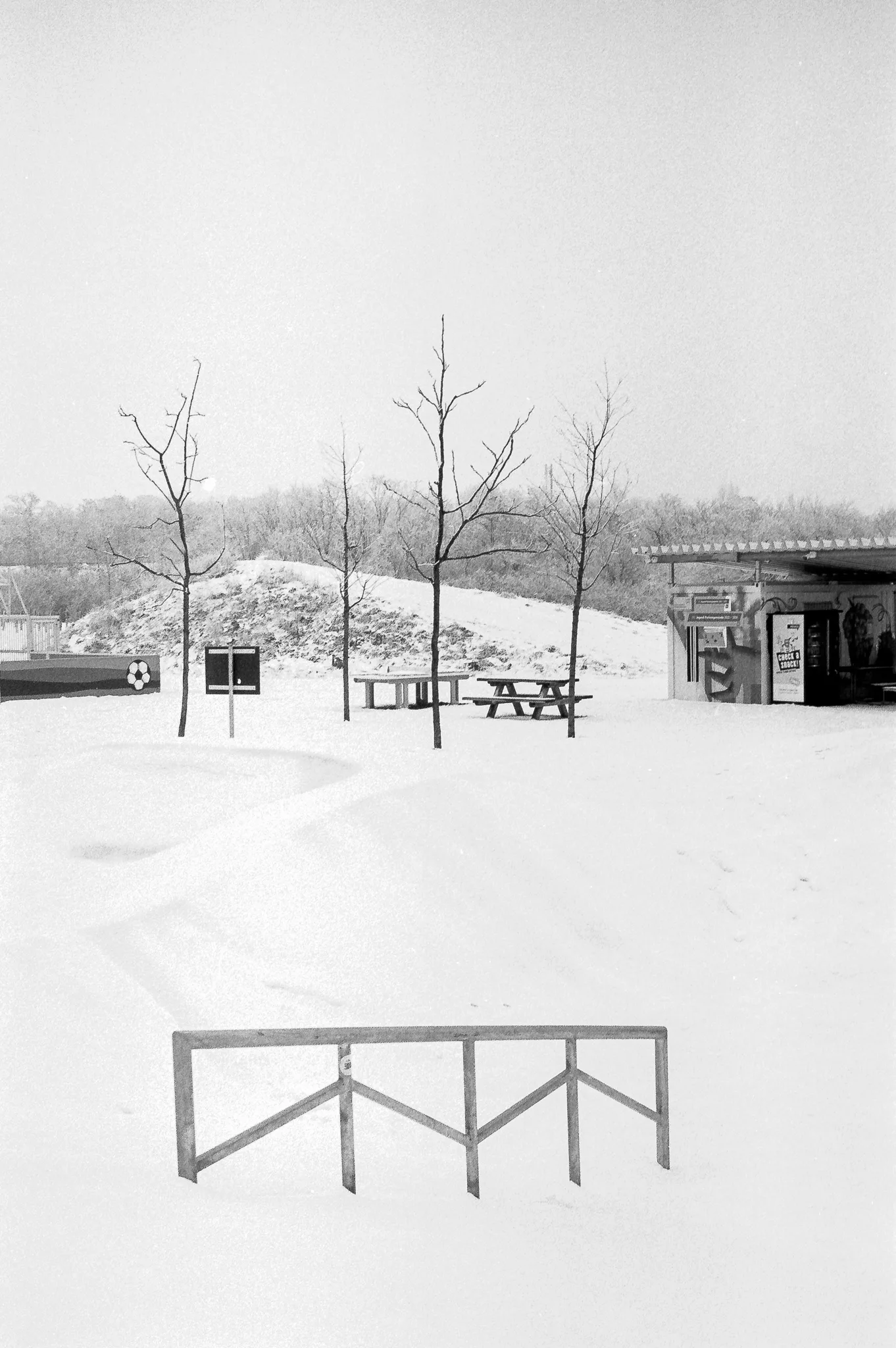 Snow-covered picnic area with bare trees and a kiosk, black-and-white film, January 2026