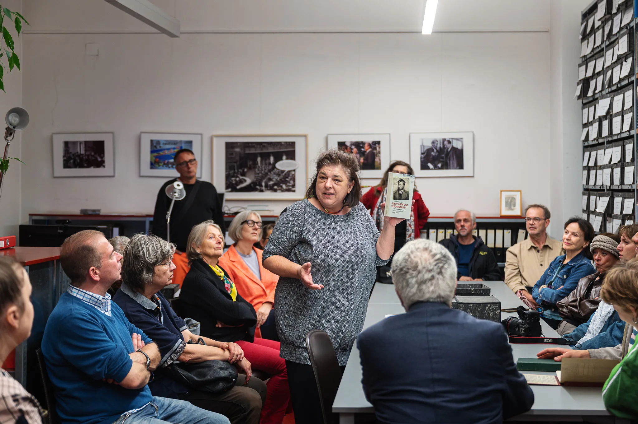 Maria Steiner showing the collections to the group, Bruno Kreisky Archive, Vienna, 2026
