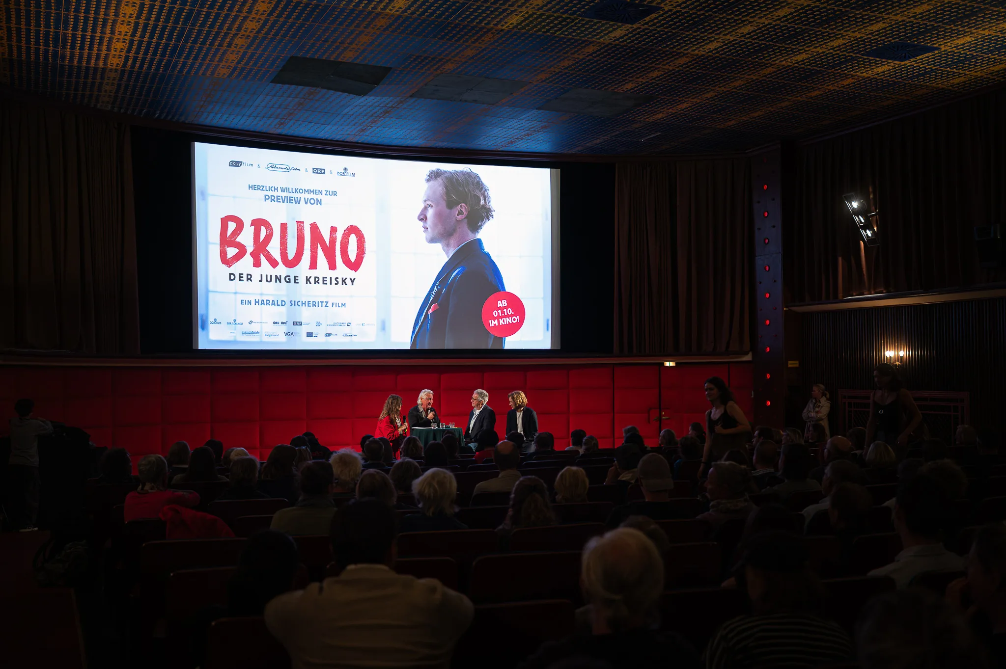 The panel below the film poster in front of the sold-out hall, Preview of “Bruno – Der junge Kreisky”, Filmcasino, Vienna, 2026