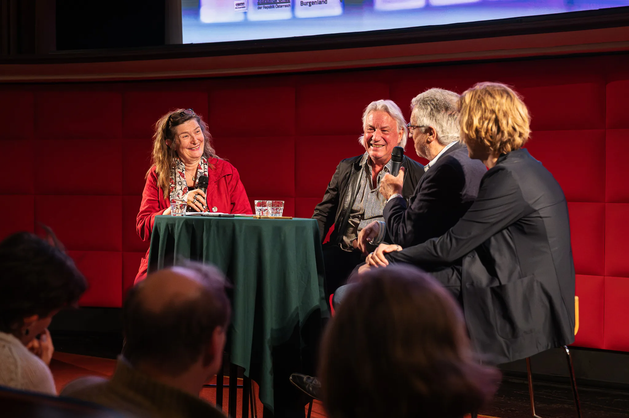 Laughter at the end of the talk: Sabine Kroissenbrunner, Harald Sicheritz, Wolfgang Petritsch and Nils Arztmann, Preview of “Bruno – Der junge Kreisky”, Filmcasino, Vienna, 2026